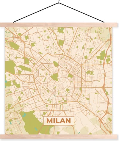 Posterhanger incl. Poster 40x40 cm - Schoolplaat - Kaart - Milaan - Vintage - Stadskaart - Plattegrond - Textielposter - Blanke latten - Stadskaart