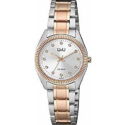 Q&Q QZ65J411Y - Horloge - Analoog - Dames - Vrouwen - Stalen band - Rond - Metaal - Bolletjes - Briljanten - Zilverkleurig - Rosékleurig - 5ATM