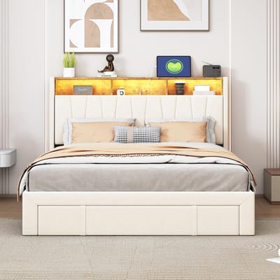 Tweepersoons Boxspring 160x200 met LED Verlichting, 4 Lades en Hoofdbord - Beige Velvet