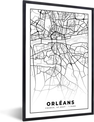Fotolijst incl. Poster Zwart Wit- Frankrijk - Kaart - Orléans - Plattegrond - Stadskaart - Zwart wit - 40x60 cm - Posterlijst