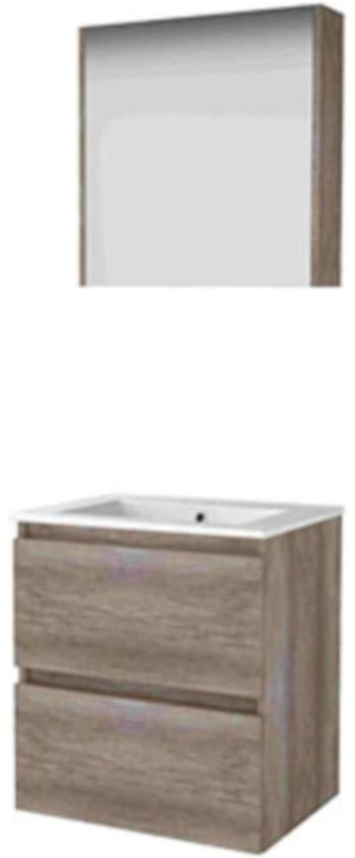 Basic-Line Comfort 46 Badkamermeubelset - 60 x 46 cm - Greeploos - 2 Lades - Keramische Wastafel - 1 Kraangat - Spiegelkast - Scotch Oak