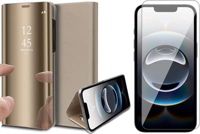 Hoesje geschikt voor iPhone 16e - Screenprotector Glas - Spiegel Book Case Goud
