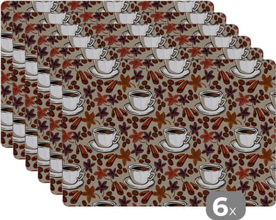 Placemat - Placemats kunststof - Koffie - Kaneel - Patronen - 45x30 cm - 6 stuks - Hittebestendig - Anti-Slip - Onderlegger - Afneembaar