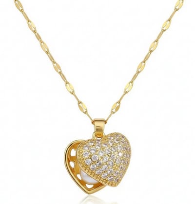Goudkleurige ketting met hartvormige hanger – ketting voor dames – met fonkelende steentjes en parel – medaillonstijl hart