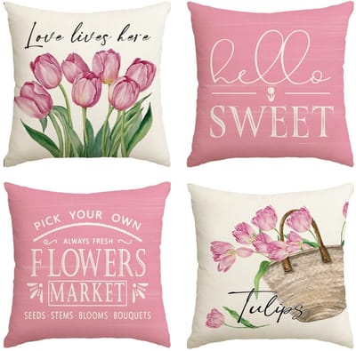 Dailygoody - Tulpen Sierkussens - Decoratie Woonkamer - Set van 4 - 40 x 40 cm - Seizoensgebonden Kussens - Perfect voor Slaapkamer en Kantoor