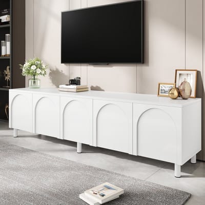 OKWISH Tv Meubel – 5 Deuren Met Kabeldoorvoer – Woonkamer Lowboard – MDF Wit – 180x38x45 cm