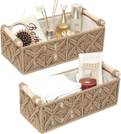 Famanu - Macramé Opbergmand Boho, decoratieve katoenen mand met handvat voor toiletpapier, handdoeken en badkameraccessoires