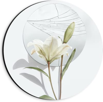 Dibond Wandcirkel - Schildering van Bloem op Witte Achtergrond met Rondje - 20x20cm Foto op Aluminium Wandcirkel (met ophangsysteem)
