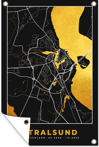 Muurdecoratie Stralsund - Goud - Plattegrond - Kaart - Stadskaart - Duitsland - 120x180 cm - Tuinposter - Tuindoek