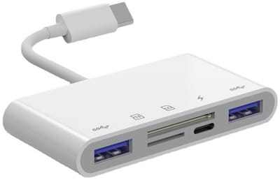 5 IN 1 USB-C naar 2X USB Female + USB-C + SD + Micro-SD (tf) kaarlezer adapter kabel connector - voor o.a. telefoon en laptop - wit