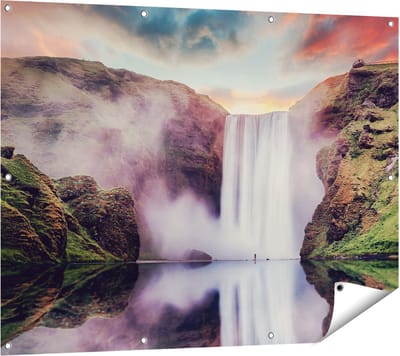 Gards Tuinposter Waterval met een Weerspiegeling in het Water - 120x90 cm - Tuindoek - Tuindecoratie - Wanddecoratie buiten - Tuinschilderij