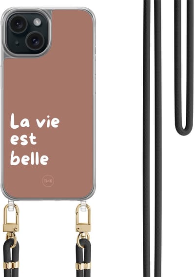 Casevibes - Telefoonhoesje met koord - Geschikt voor Apple iPhone 15 - La vie est belle - Bruin - Tekst