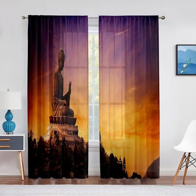 Boeddhistisch Boeddhabeeld Gouden Licht Zonsondergang Transparant Gordijn voor Woonkamer Keuken Raam Slaapkamer Decoratie Tule Voile Gordijn 1 PCS W100XH250cm&Grommet Top