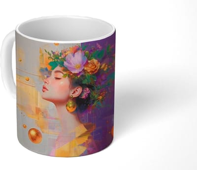 Mok - Koffiemok - Abstract - Vrouw - Bloemenkroon - Goud - Mokken - 350 ML - Beker - Koffiemokken - Theemok