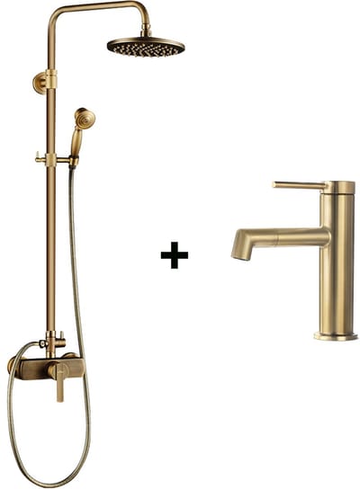 Auralum Max Regendouche - Vintage Doucheset - Met Goud Wastafelkraan - Ø 20 cm - Regendouche en Handdouche - Goud - Messing & RVS - Waterbesparend - Douchesysteem