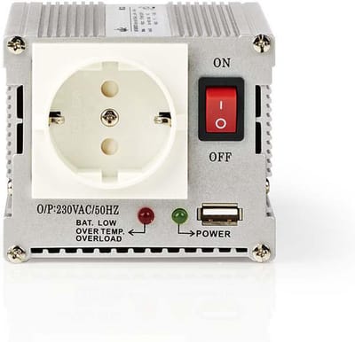 Nedis Omvormer Gemodificeerde Sinusgolf - Ingangsvoltage: 12 V DC - Apparaat stroomoutput: Type F (CEE 7/3) / USB-A - 230 V AC 50 Hz - 300 W - Piekvermogen: 600 W - Accuklemmen + Aansteker - Zilver