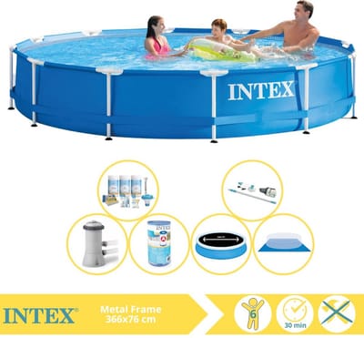 Intex Rond Frame Zwembad - 366 x 76 cm - Blauw - Inclusief Solarzeil - Onderhoudspakket - Zwembadfilterpomp - Filter - Grondzeil - Stofzuiger - 7-delig