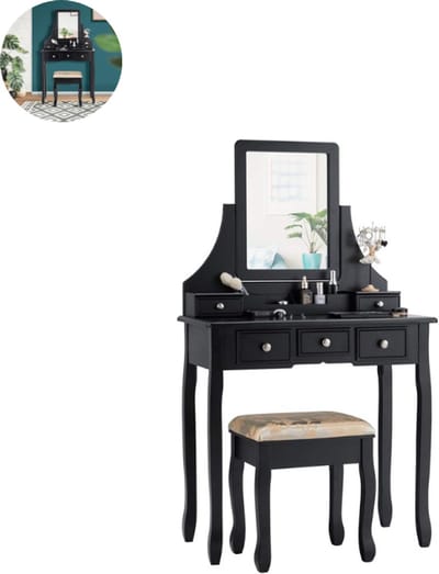 Kaptafel met spiegel en verlichting - Make up tafel - Make up - Toilettafel - Met lades - Zwart