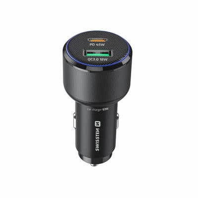 Swissten Autolader 63W - USB-A + USB-C Poort - Snellader - Zwart