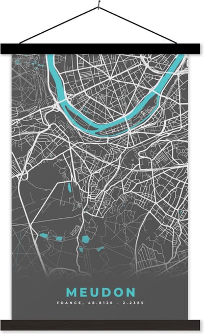 Posterhanger incl. Poster 40x60 cm - Schoolplaat - Frankrijk - Stadskaart - Plattegrond - Kaart - Meudon - Textielposter - Zwarte latten - Stadskaart