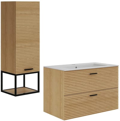 Vente-unique Zwevend badkamermeubel met inbouwwastafel en kast met nis - 2 lades - kleur: Licht naturel - 80 cm - SARONE