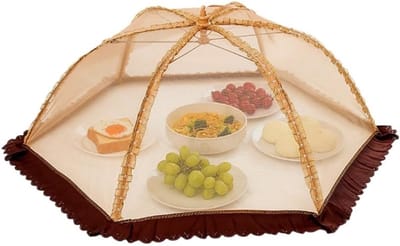 Herbruikbare en Vouwbare Voedselnetten voor Buiten, Bescherming Tegen Fruitvliegen, Ideaal voor Picknicks, Kamperen en BBQ's, Keukenaccessoires en Etenstafels (Bruine Rand, 60 cm)