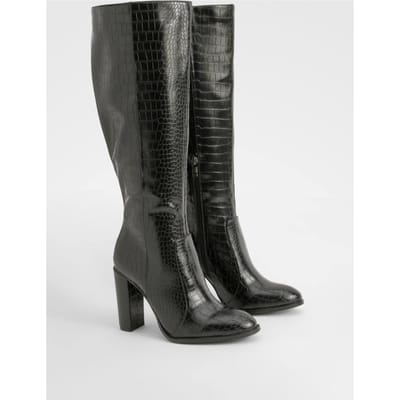 boohoo Dames Ronde teen kniehoge krokodillenlaarzen | Black | Maat: 3