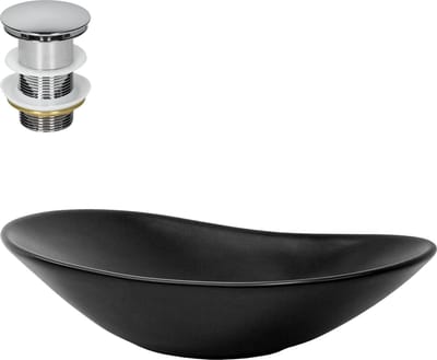 Wastafel incl. zilveren kabelwaste zonder overloop 63x36x15,5 cm zwart keramiek LuxeBath