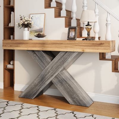 Sidetable 140x30x80 cm - smalle consoletafel in naturel houtlook - haltafel met X frame - voor hal woonkamer of gang