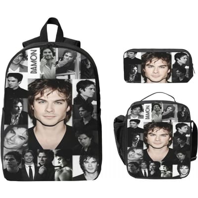 3 Stuks Damon Salvatore Schooltassen Set voor Kinderen Etui Rugzak Sets met Lunchbox Voor Basisschool Leerlingen Rugzak gray