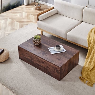 Rechthoekige salontafel met een walnoothouten afwerking. 90×50×30 cm, MDF-materiaal, geen montage nodig. Antislipvoetjes aan de onderkant, geschikt voor een moderne, luxe stijl.