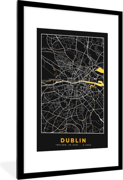 Fotolijst incl. Poster - Dublin - Goud - Plattegrond - Stadskaart - Kaart - 60x90 cm - Posterlijst