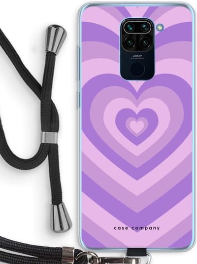Case Company® - Hoesje met koord geschikt voor Xiaomi Redmi Note 9 hoesje met Koord - Hart Paars - Telefoonhoesje met Zwart Koord - Bescherming aan alle Kanten en Over de Schermrand