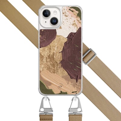 Hoesje met beige koord - Geschikt voor iPhone 14 - Abstract art - Verstelbaar & verwisselbaar koord - TPU backcover - Bruin, Beige - Leuke Telefoonhoesjes