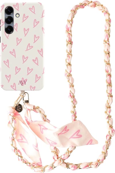 AVY Hoesje Met Telefoonkoord | Geschikt voor Samsung Galaxy S25 | Compatibel met MagSafe & Qi2 | Hard Shell Back Cover | Stijlvol Bijpassend Koord Crossbody (120CM) | Cupid Blush