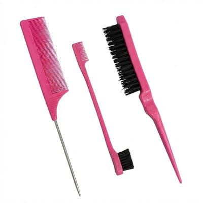 Roze kammenset en edge brush – 3 delige unisex haar kam met puntstaart en styling borstels – kunststof kammenset voor precisie styling en baby hair verzorging
