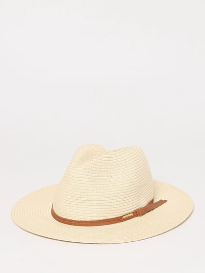 Straw Fedora Hat with Leather Band Wo - Beige