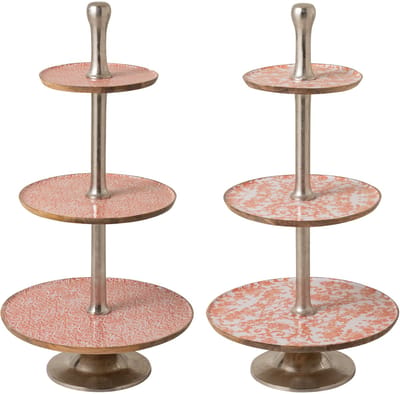 J-Line plateau 3 Niveaus - hout - oranje/wit - set van 2