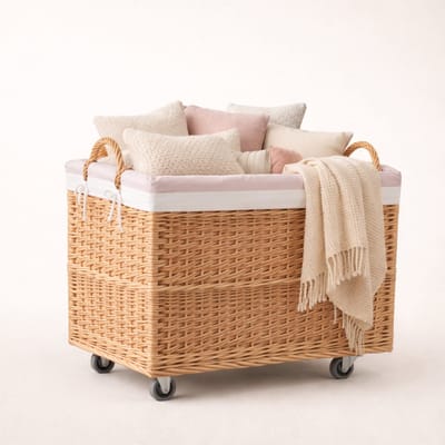 The Wicker Stories – Grote rieten mand op wielen in natuurlijke kleur met handgrepen – Handgevlochten, met versterkte bodem en roze stoffen voering – Ideaal voor was, speelgoed en huishoudelijke accessoires.