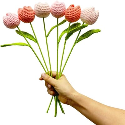 Haakbloemen Tulpenboeket - Handgemaakte Bloemen - Woonkamer Decoratie - Zes Stuks Set - 38cm Hoog - Mix Kleuren