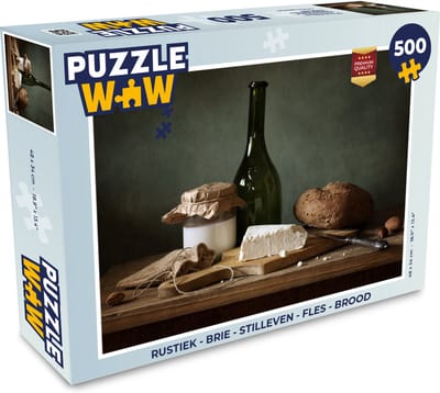 Puzzel Rustiek - Brie - Stilleven - Fles - Brood - Legpuzzel - Puzzel 500 stukjes