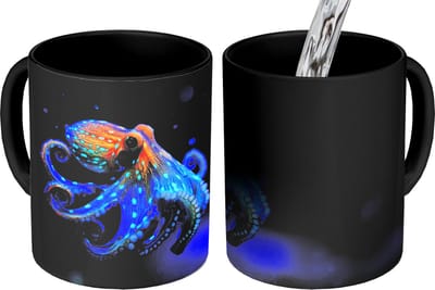 Magische Mok - Foto op Warmte Mokken - Koffiemok - Octopus - Stippen - Blauw - Zee - Magic Mok - Beker - 350 ML - Theemok