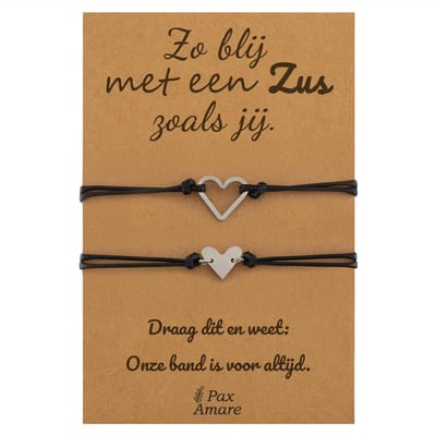 Vriendschapsarmbandjes voor 2 "Zo blij met een zus zoals jij" - Hartjes - Sisters Armbandjes met Cadeau Kaartje - Zilverkleurig - Elastisch Verstelbaar - Pax Amare