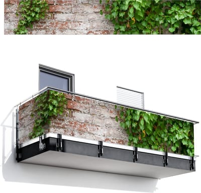 Balkonscherm 500x85 cm - Balkonposter Klimop - Groen - Stenen - Wit - Bladeren - Balkon scherm decoratie - Balkonschermen - Balkondoek zonnescherm