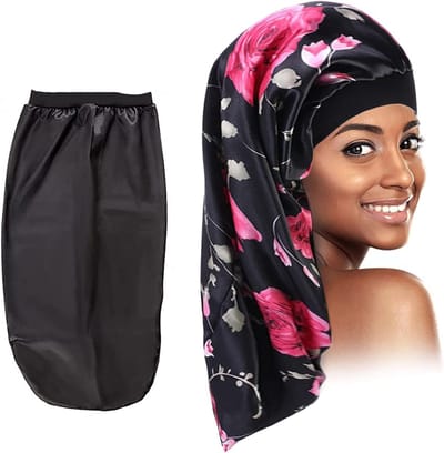 Satin Slap en Hoofdbedekking voor een Comfortabele Nachtrust - Verstelbare Zijden Slaapmuts voor Vrouwen en Meisjes, Ideaal voor Haarbescherming en Voorkomen van Klitten (Zwart, Bloem)