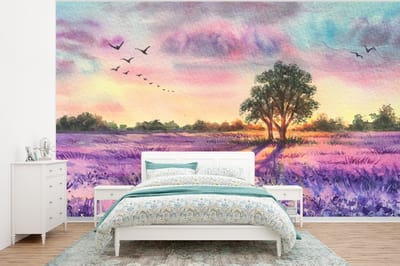 Behang - Fotobehang Lavendel - Verf - Vogels - Bomen - Paars - Breedte 320 cm x hoogte 240 cm