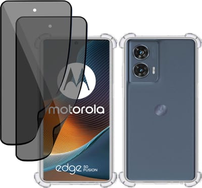 Hoesje + 2x Privé Screenprotector geschikt voor Motorola Edge 50 Fusion – Privacy Tempered Glass - Case Transparant