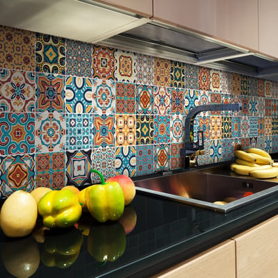 Zelfklevende tegelmuurstickers voor keuken en badkamer - 9 cementtegelstickers, Azulejos Breno - 9 stickers, 10x10cm
