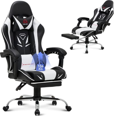 COLAMY - Ergonomische gamingstoel - Bureaustoelen - voetsteun - maximaal draagvermogen 136 kg - wit
