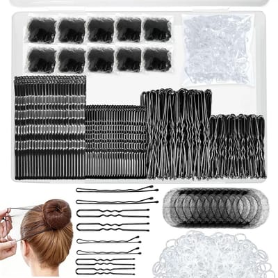Dailygoods- Haarspelden Set van 510 - U-vormige Haarspelden - Bobby Haargrips - Doorzichtige Elastische Haarbanden - Broodjesnetten - Opbergdoos - Haaraccessoires
